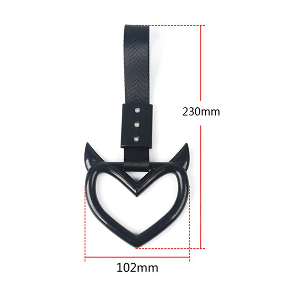 Black leather handle accessory with a heart shape, measuring 230mm in length and 102mm in width.