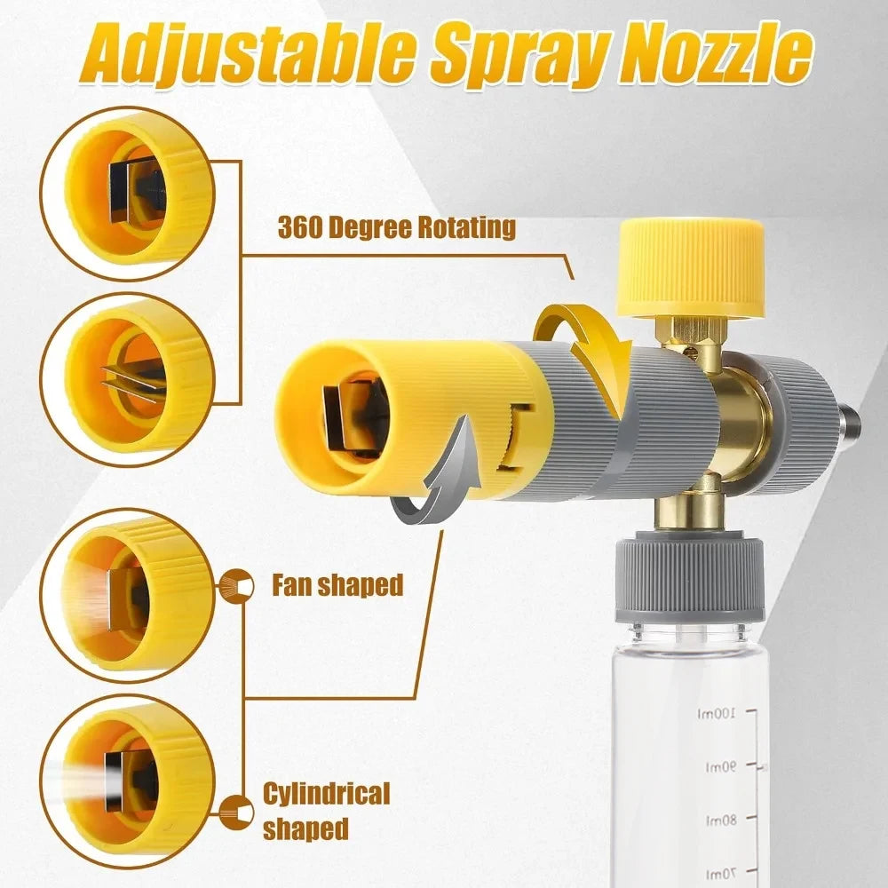 Adjustable spray nozzle with 360 degree rotating and fan shaped features for high-pressure car wash foam lance