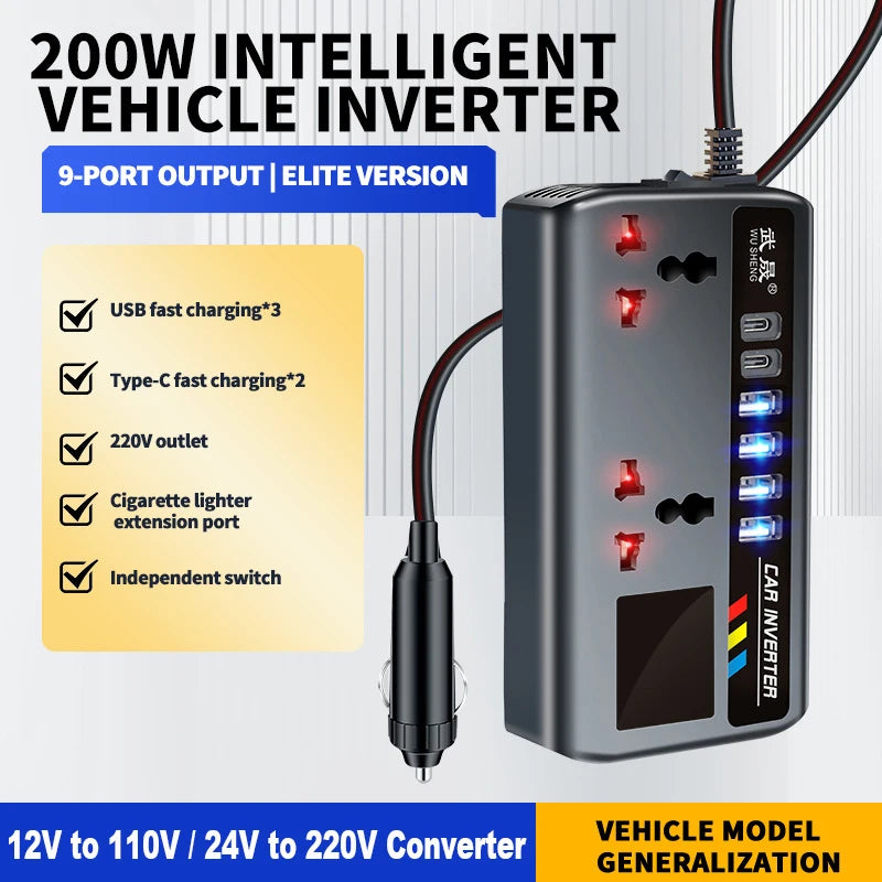 Un onduleur intelligent gris de 200W avec câble d'alimentation et diverses sorties.