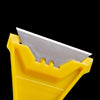 A yellow plastic tool with a silver blade is shown angled against a black background.