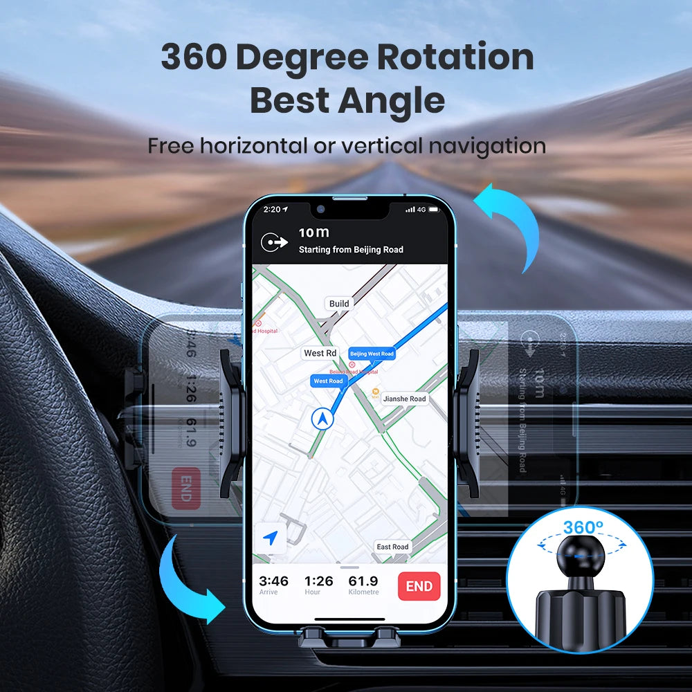 A phone holder is mounted in a car air vent, showing a map navigation screen with a 360 degree rotation feature.