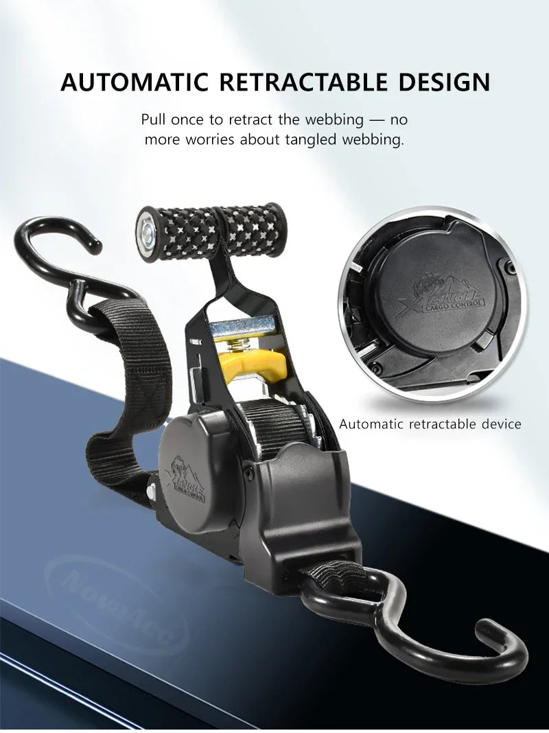 Automatic retractable device showing a black ratchet strap with a retractable webbing feature.