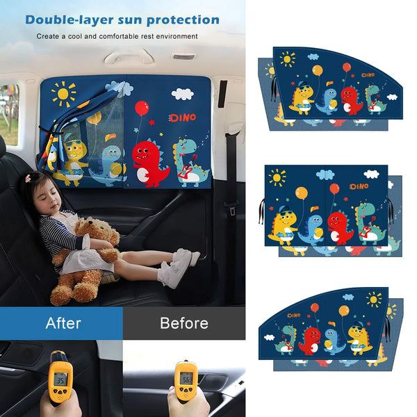 Double-layer sun protection car window shades featuring dinosaur designs for insect protection