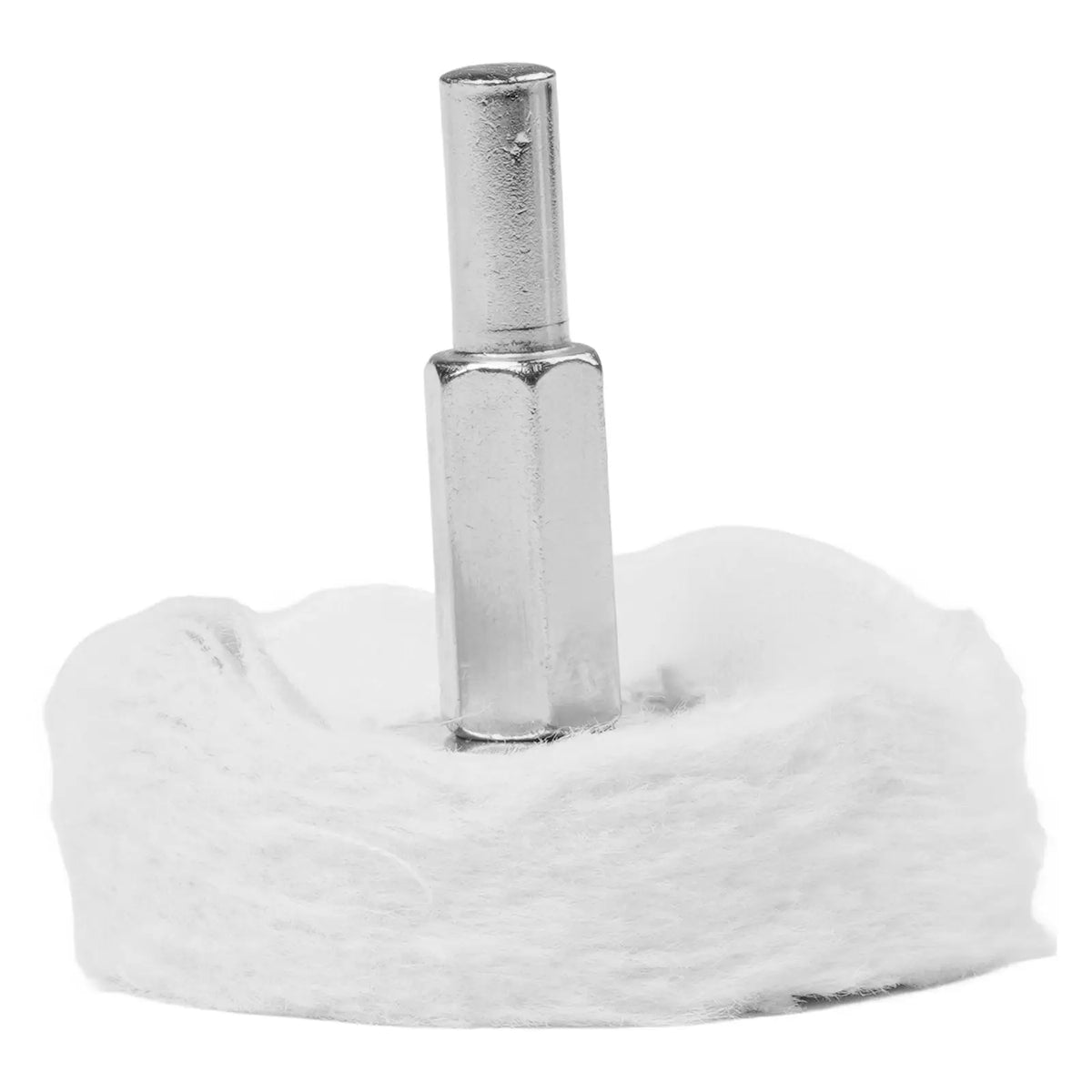 A silver professional polishing mop wheel with a cylindrical shaft resting on a white, fluffy surface.