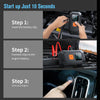 Three steps showing how to start a portable car emergency air pump by inserting the battery clip, connecting to the engine ba