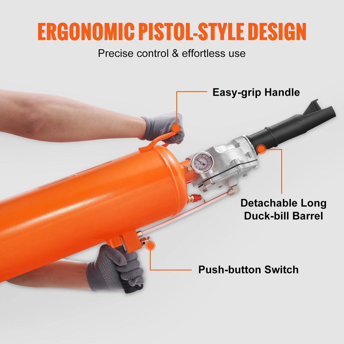 Orange pistol-style tire bead seater inflator with an easy-grip handle and detachable long duck-bill barrel
