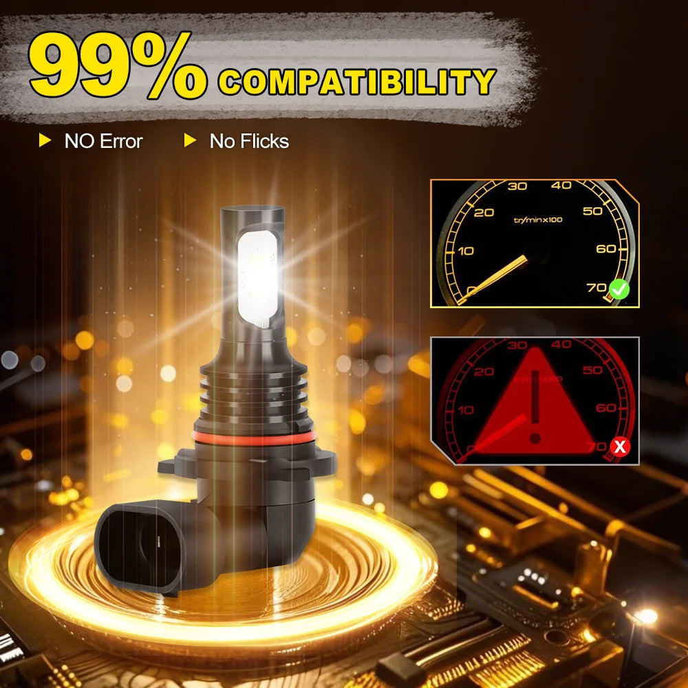 A close-up of an HID Xenon bulb being installed into a car headlight assembly, emphasizing 99% compatibility and error-free o