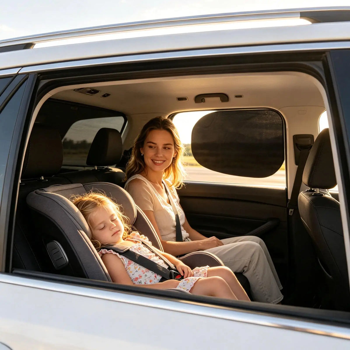 Ein junges Mädchen sitzt im hinteren Sitz eines Autos mit Sonnenschutz auf der Scheibe.