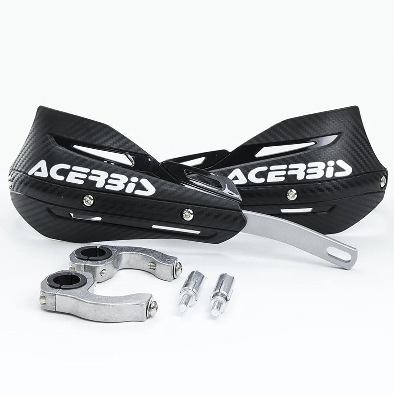 Black Acerbis motorcycle handguard protector with mounting hardware and protective pads.