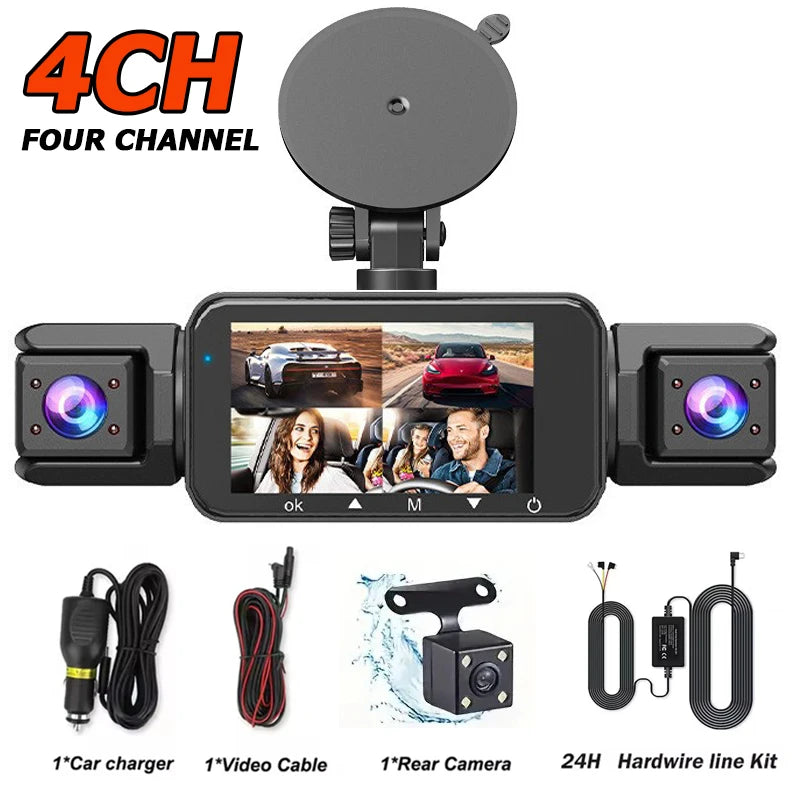 Caméra dashcam 4 canaux montrant un écran de smartphone et divers accessoires comme chargeurs, câbles et caméras.