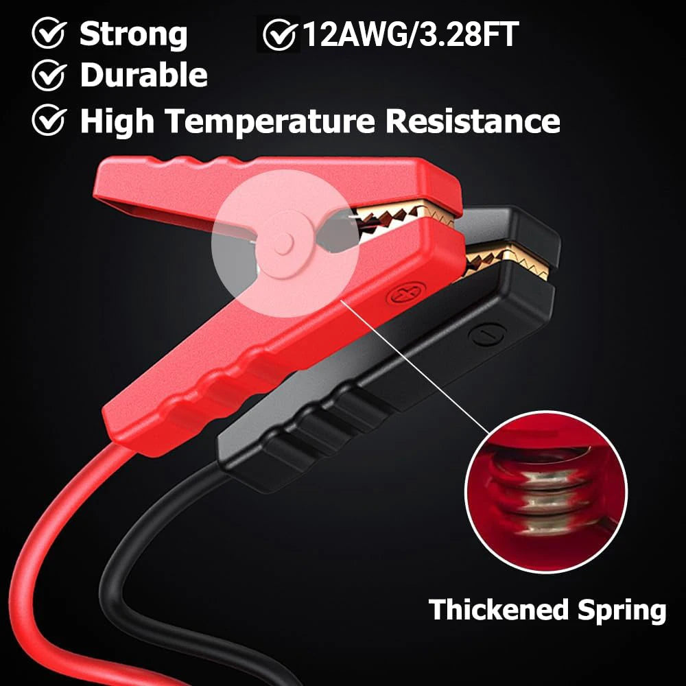 Câble de démarrage rouge robuste avec ressort épaissi, connecté à un terminal de batterie.