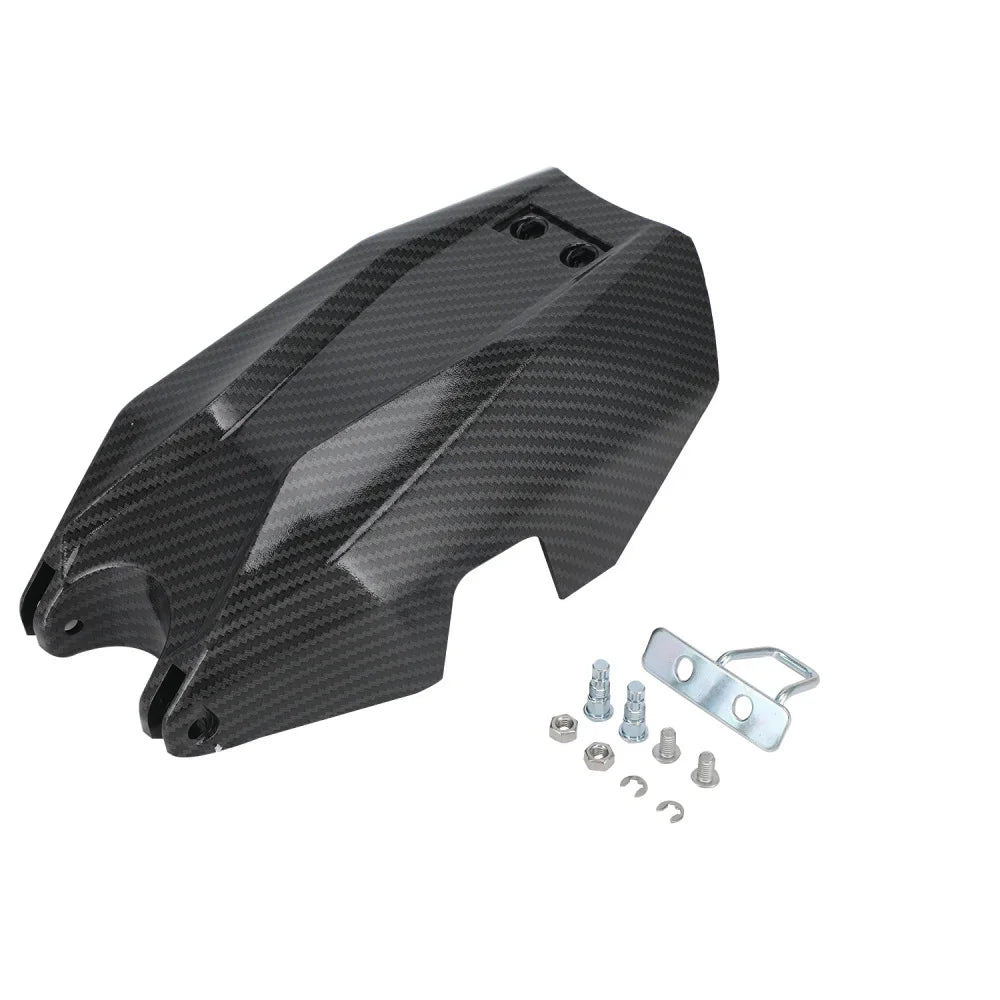 Black carbon fiber motorcycle mudguard and protection kit with mounting hardware