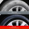 Before and after comparison of a car tire restorer wax showing tires changing from white to black and shiny