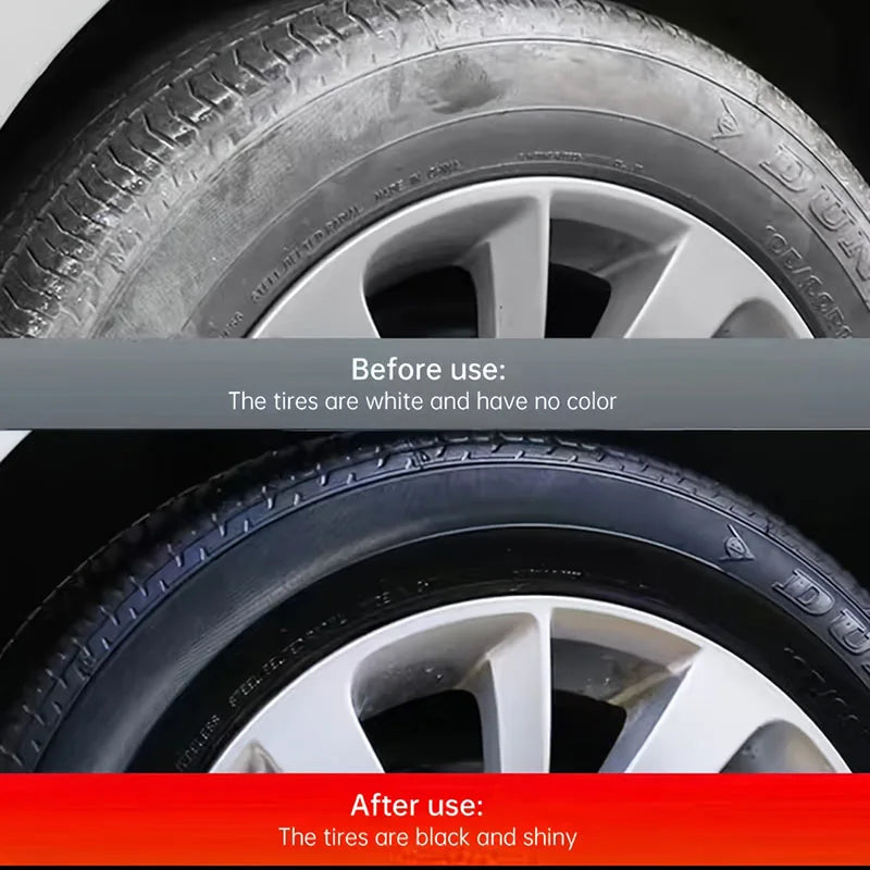 Before and after comparison of a car tire restorer wax showing tires changing from white to black and shiny