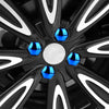 Close-up view of a black car wheel with blue nut protection covers and white accents.