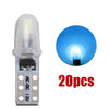 A set of 20 T5 LED dashboard and license plate bulbs, showing the bulb and the complete housing.