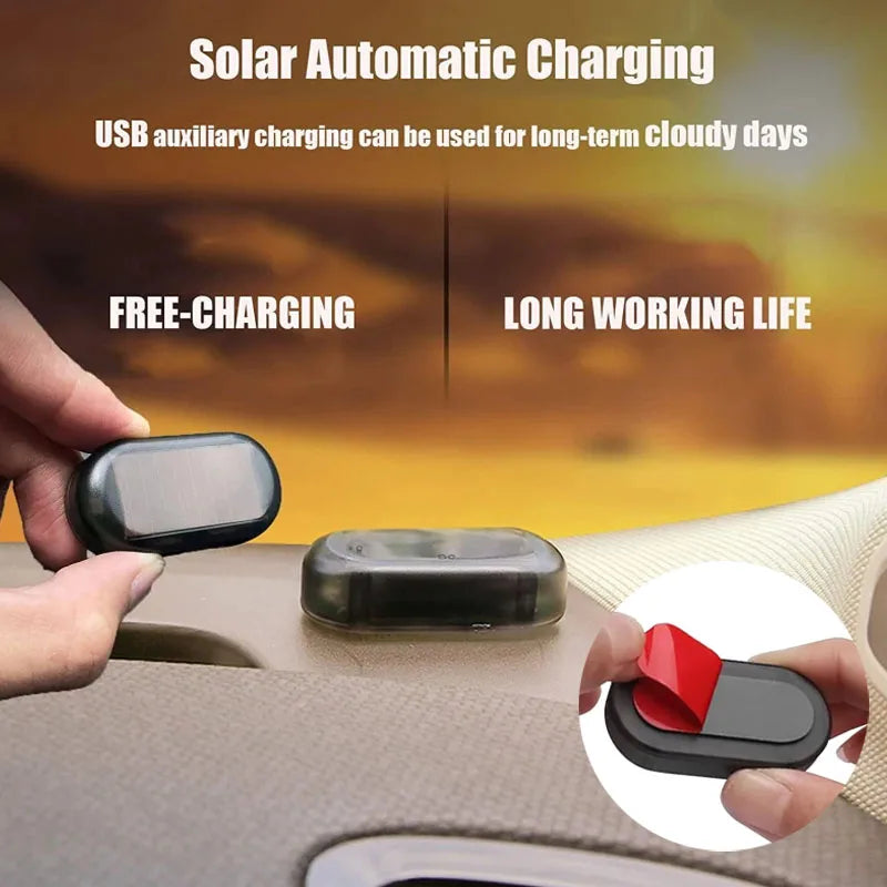A hand holds a black solar powered anti-theft car warning light device on a car surface.