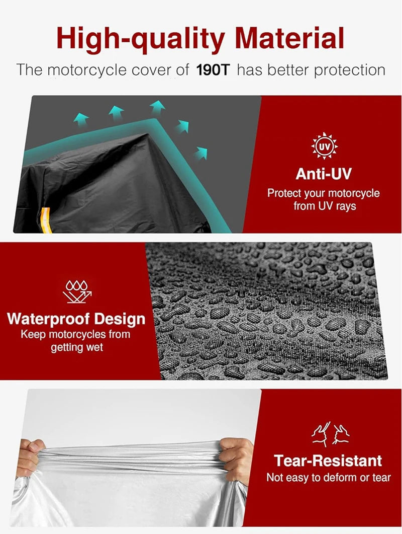 A black motorcycle cover demonstrating high-quality material, waterproof design, and tear-resistant features.