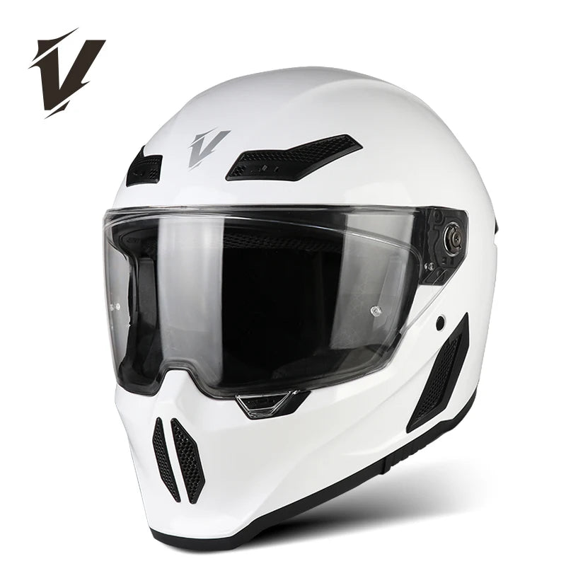 Casco de motocicleta blanco con visor transparente y detalles negros.