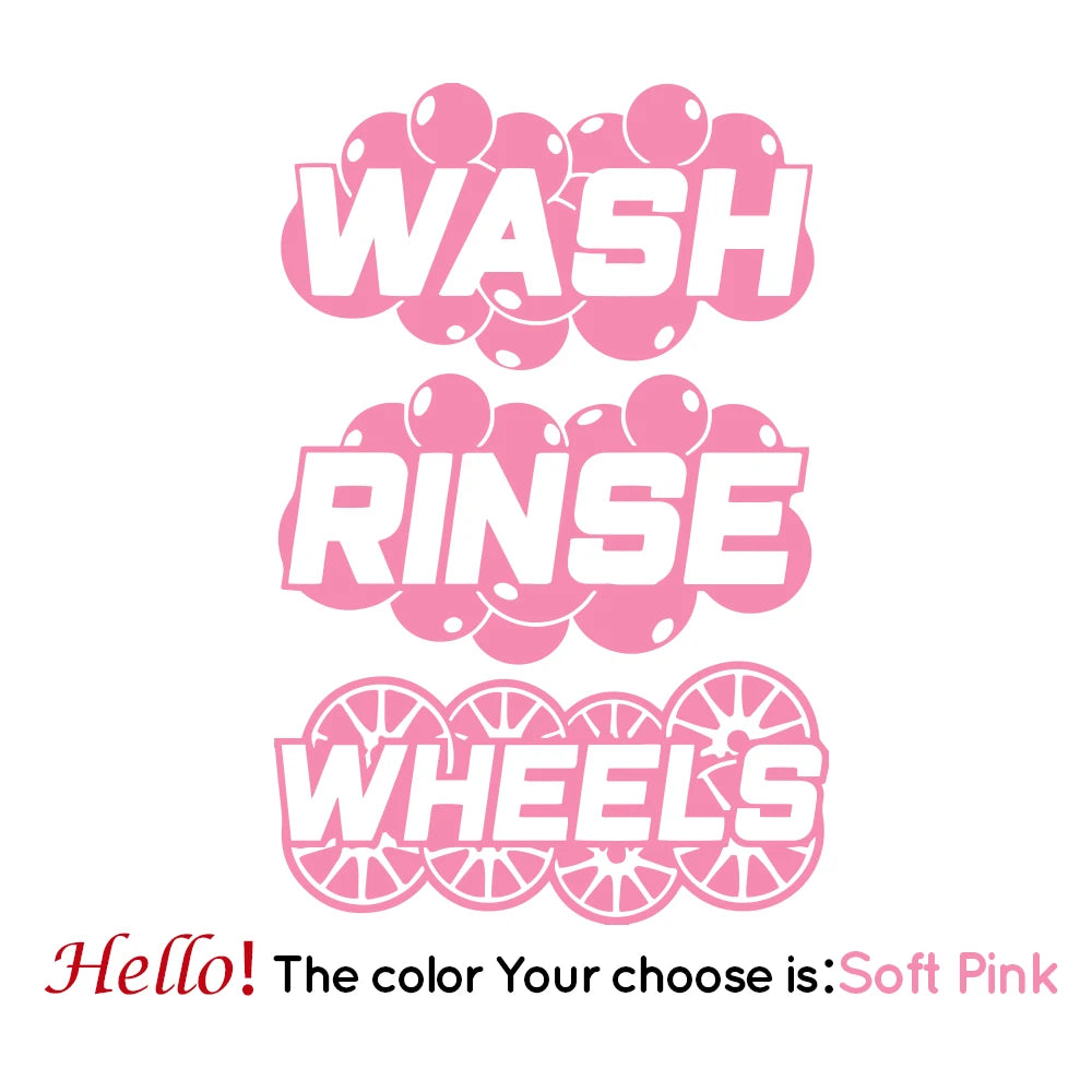 Pink vinyl decals for car detailing buckets featuring the words WASH, RINSE, and WHEEL'S