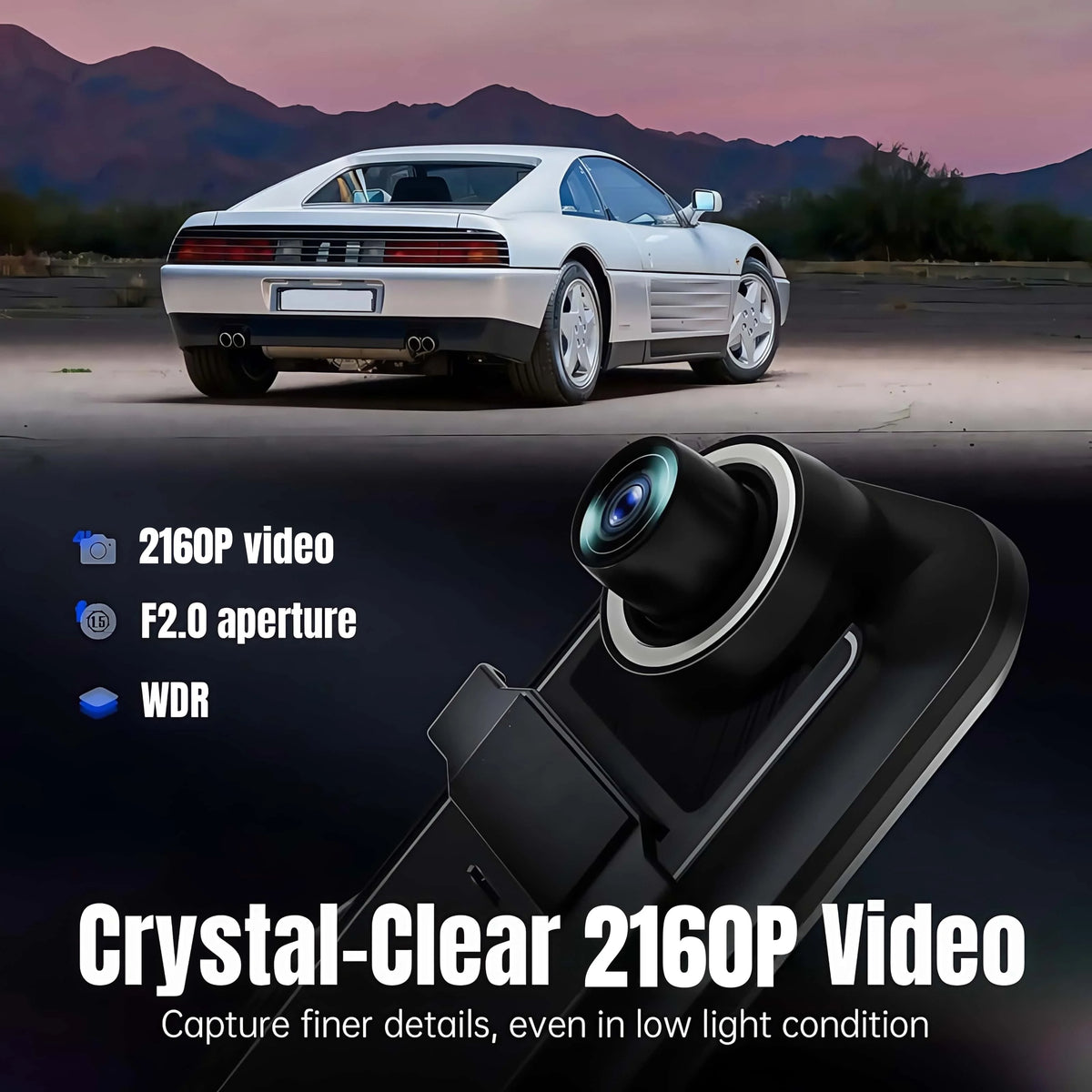A crystal-clear 2160P video feature is highlighted with a car and a camera lens.