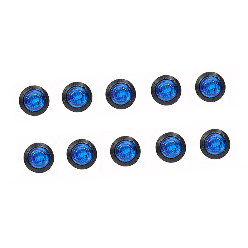 A set of eight round blue LED side marker lights for trucks, trailers, and RVs.