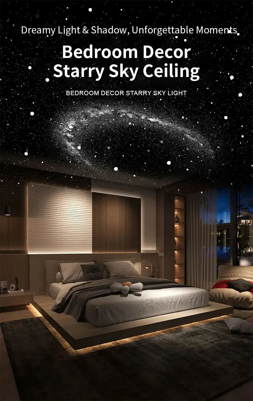 Schlafzimmerdekoration mit Sternenhimmel-Deckenleuchte, beleuchtet ein modernes Schlafzimmerinterieur.