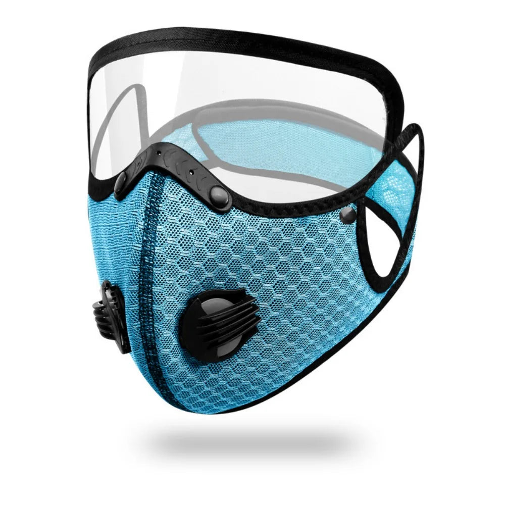 A light blue breathable cycling and outdoor face mask with a black elastic strap and clear visor.