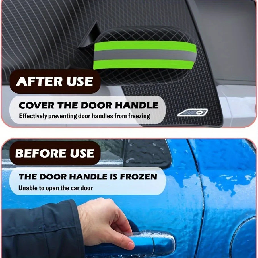 A hand is shown trying to open a frozen car door handle, contrasting with an after-use view of the door handle covered by a m