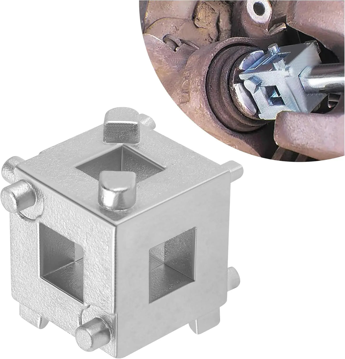 A silver cube-shaped piston tool used for brake caliper work, shown next to a close-up of a brake caliper assembly.