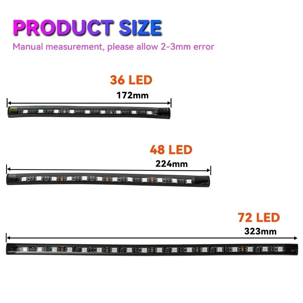 Three sizes of LED strip lights are shown, labeled 36 LED, 48 LED, and 72 LED, with corresponding dimensions.