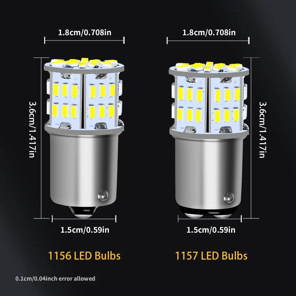 Two silver LED bulbs, 1156 and 1157 models, are shown with dimensions.