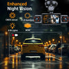 A night vision dash camera system with an infrared lens monitoring a yellow car in traffic.