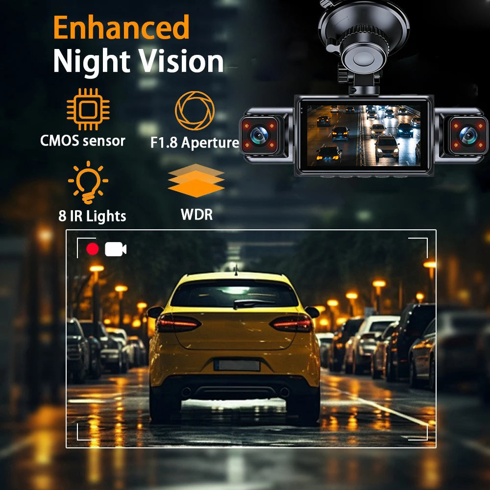 A night vision dash camera system with an infrared lens monitoring a yellow car in traffic.