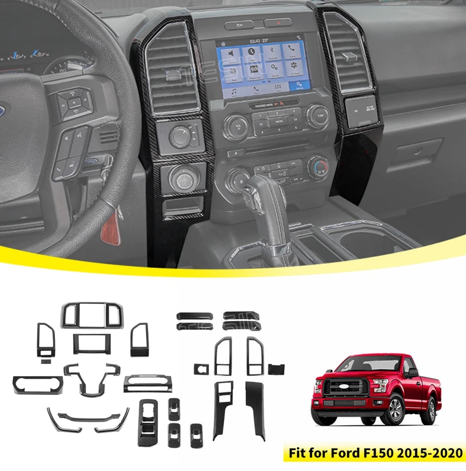 Finition de console centrale en fibre de carbone pour Ford F-150, montrant divers composants intérieurs et pièces de garnitur