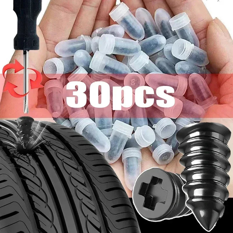 Une main tient un faisceau de 30 clous en caoutchouc pour réparer des pneus, avec un pneu noir et une écrou.