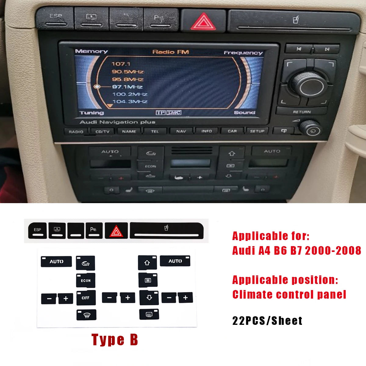 A set of Type B repair switches for an Audi A4 B6 B7 2000-2008 climate control panel.