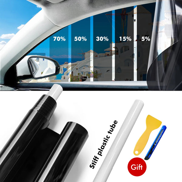A bottle of stiff plastic tube and a yellow and blue applicator for professional window tint film.