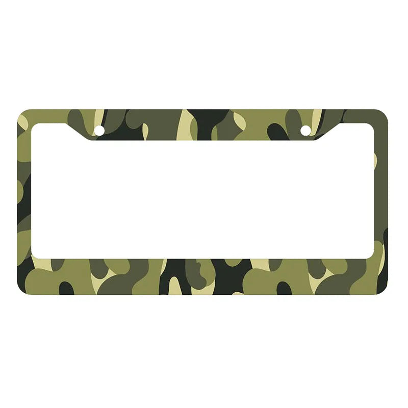 A rectangular license plate cover with a camouflage pattern featuring olive green and dark green leaves.