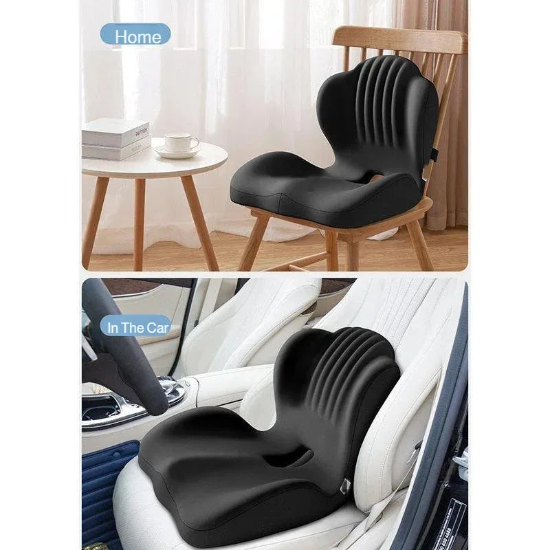 Black ergonomic shell seat cushion with lumbar support shown in a car interior and home setting.