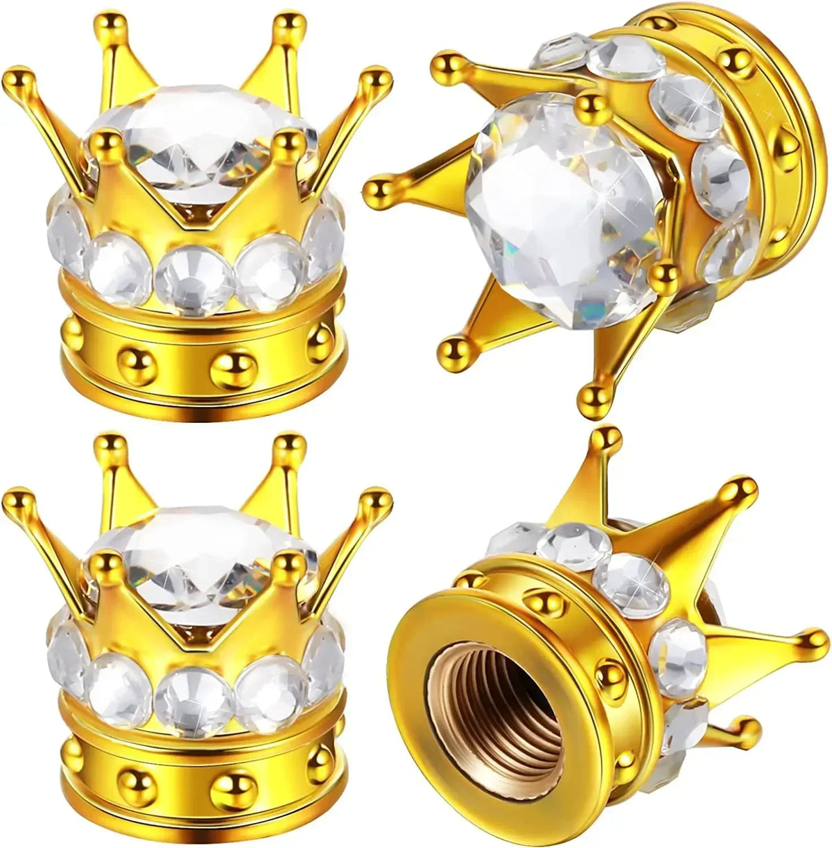 A set of gold-colored diamond rhinestone tire valve caps with a crown design.