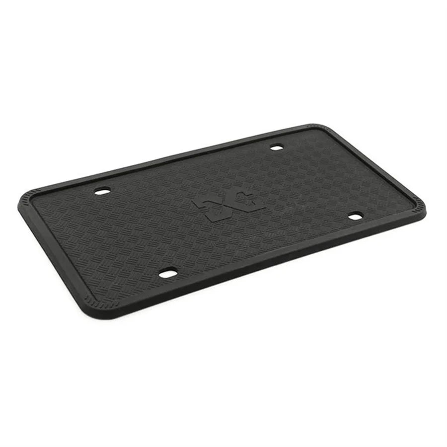Black silicone license plate frame covers with four mounting holes.