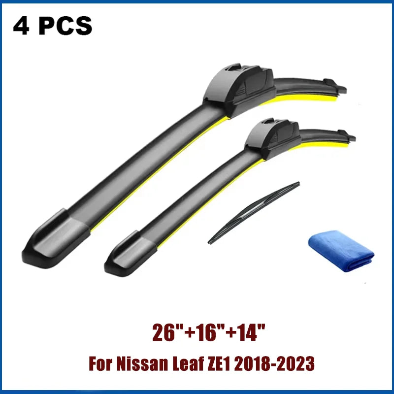 A set of four universal windshield wiper blades for a Nissan Leaf ZE1 from 2018-2023, including the blades and a blue cloth.