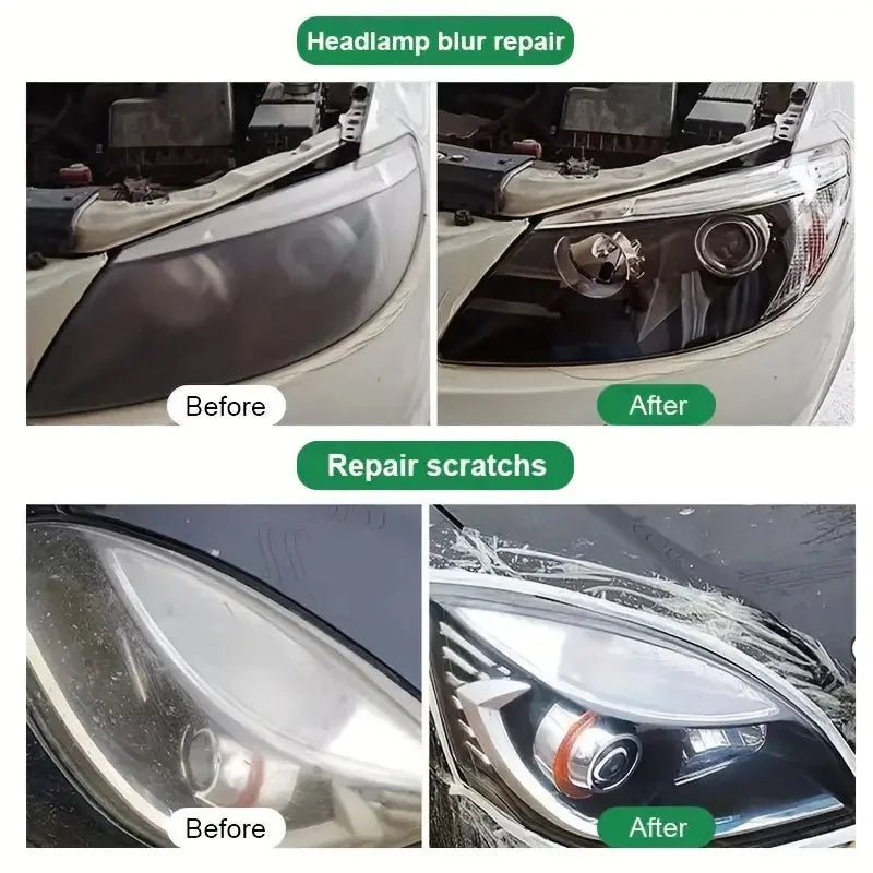 Before and after images showing headlight blur repair and scratch repair on an automotive headlight.