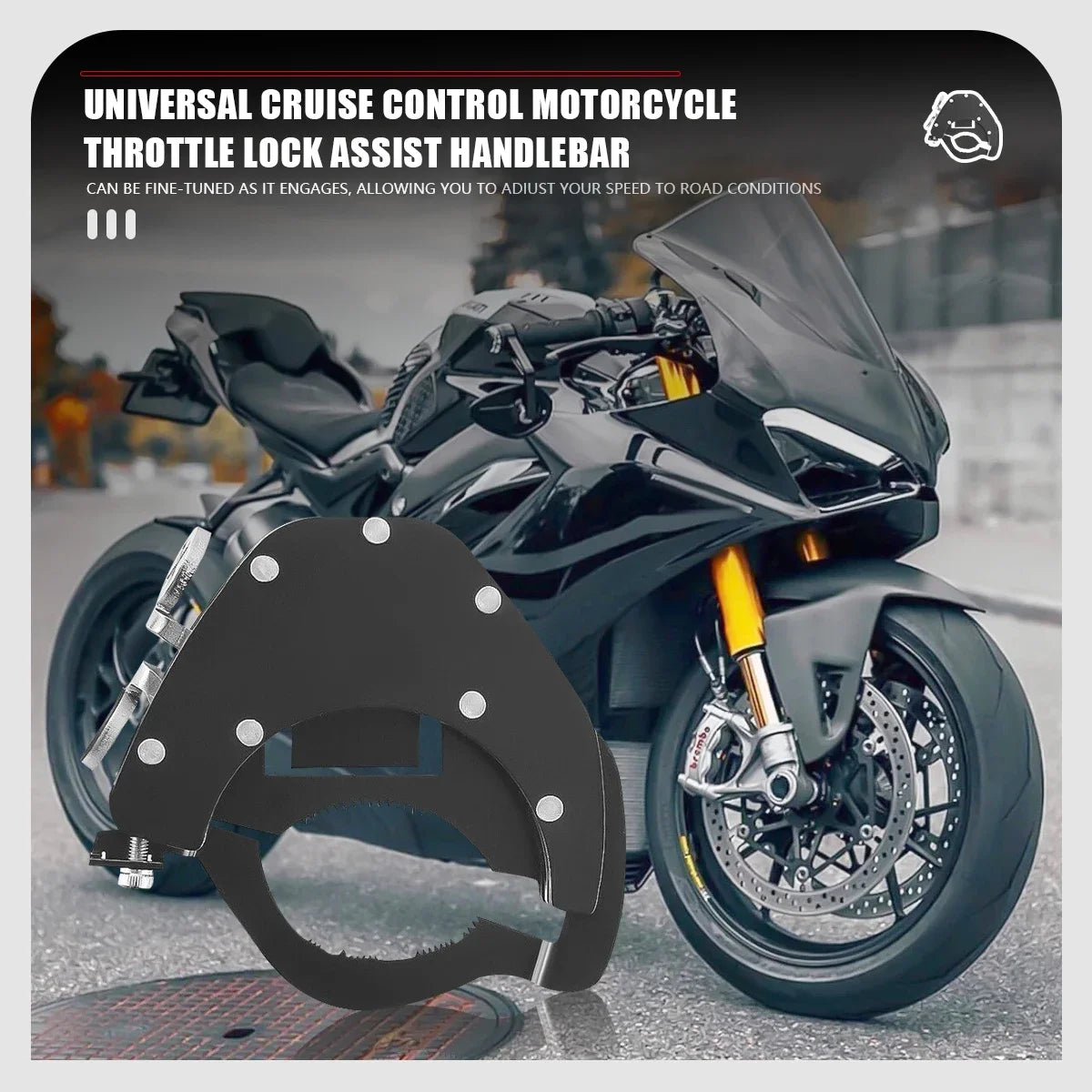 Motocicleta negra con manillar de asistencia de bloqueo de acelerador y placa de retención de agarre personalizada.