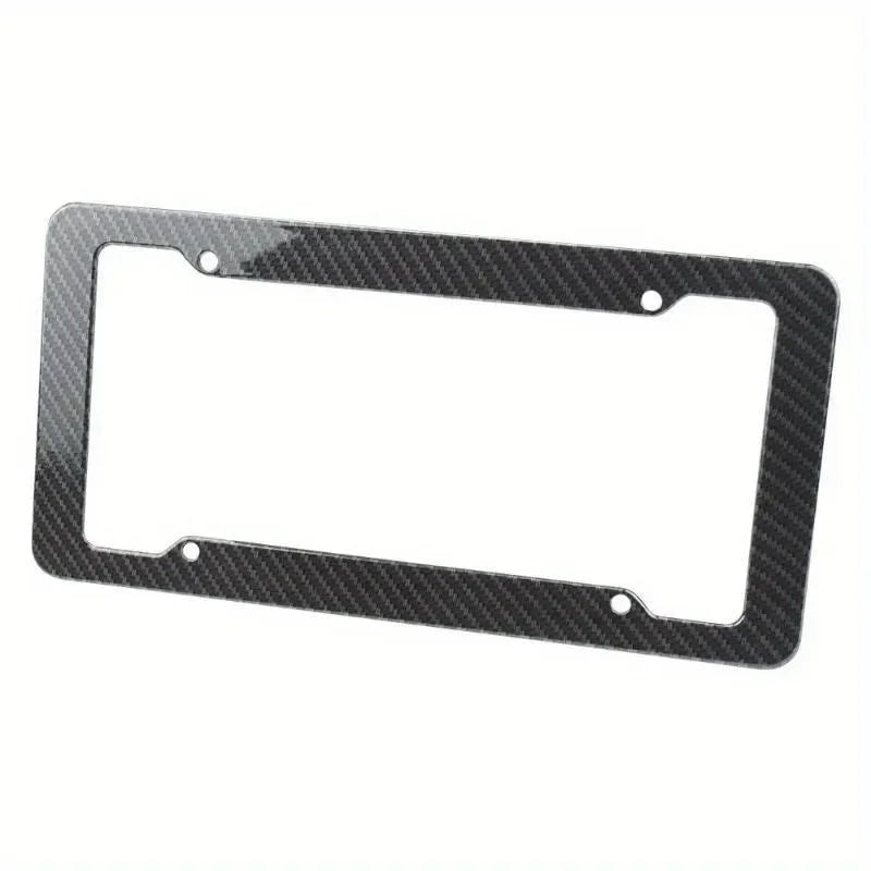 Black carbon fiber license plate frame with mounting hardware.