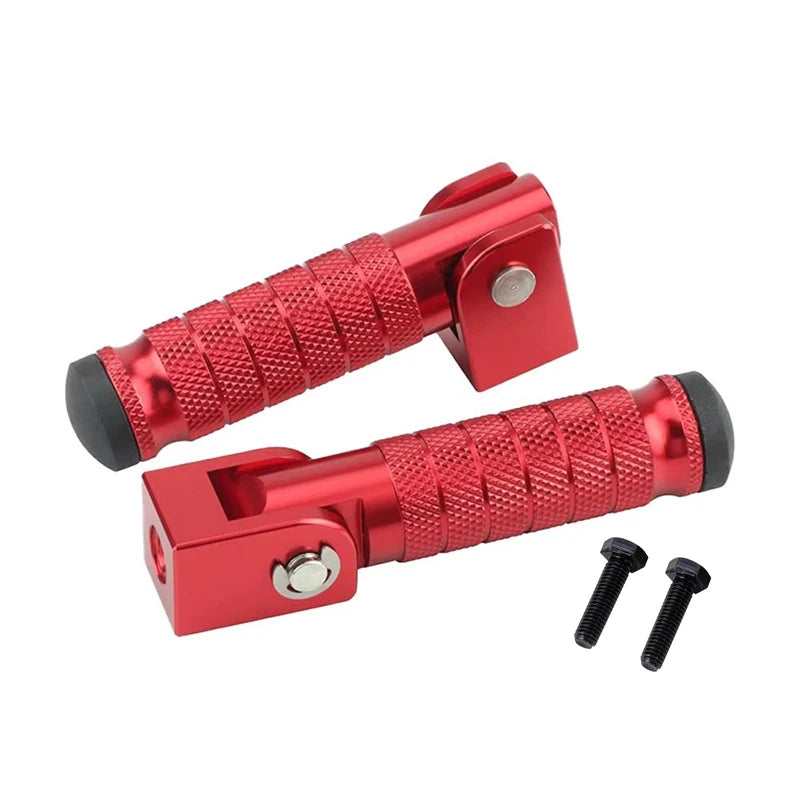 A pair of red foldable aluminum alloy foot pegs with textured grips and mounting plates.