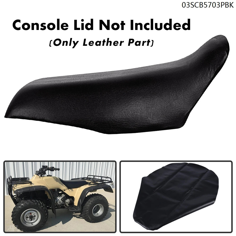 Black leather seat cover for a Honda Fourtrax 300 ATV, shown in detail and on the vehicle.