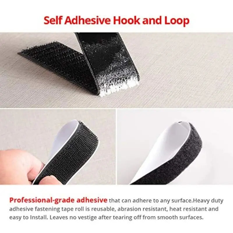 Black self-adhesive hook and loop tape strips shown in a close-up view.