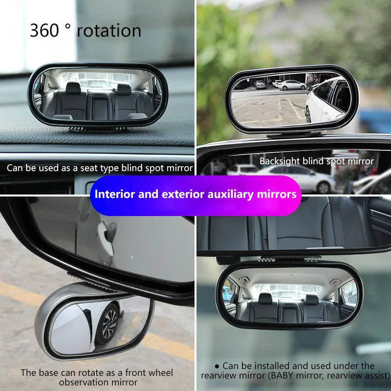 A 360 degree adjustable car blind spot mirror showing various angles and installation options.